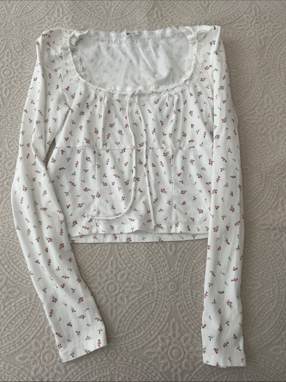 COTTON ON JUNIORS White Floral Lace Trim Long Sleeve Top | XS
